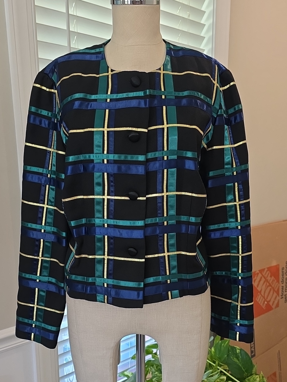 Talbots Black Jacket with Blue, Teal & Gold Plaid Stripes